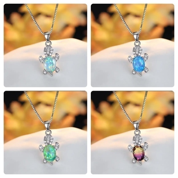 “Just Keep Swimming” Blue Green Turtle Diamond 925 Sterling Silver Gift Necklace - Picture 6 of 12